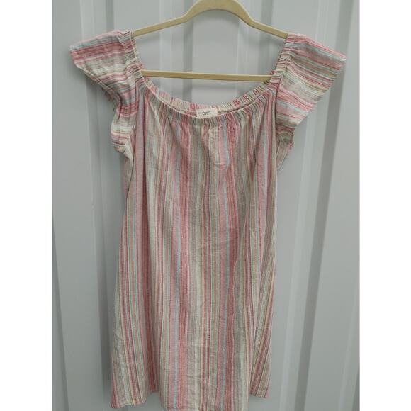 Oddy Dress Off Shoulder Mini Linen Blend Large Striped Multicolor Pockets - Picture 1 of 5